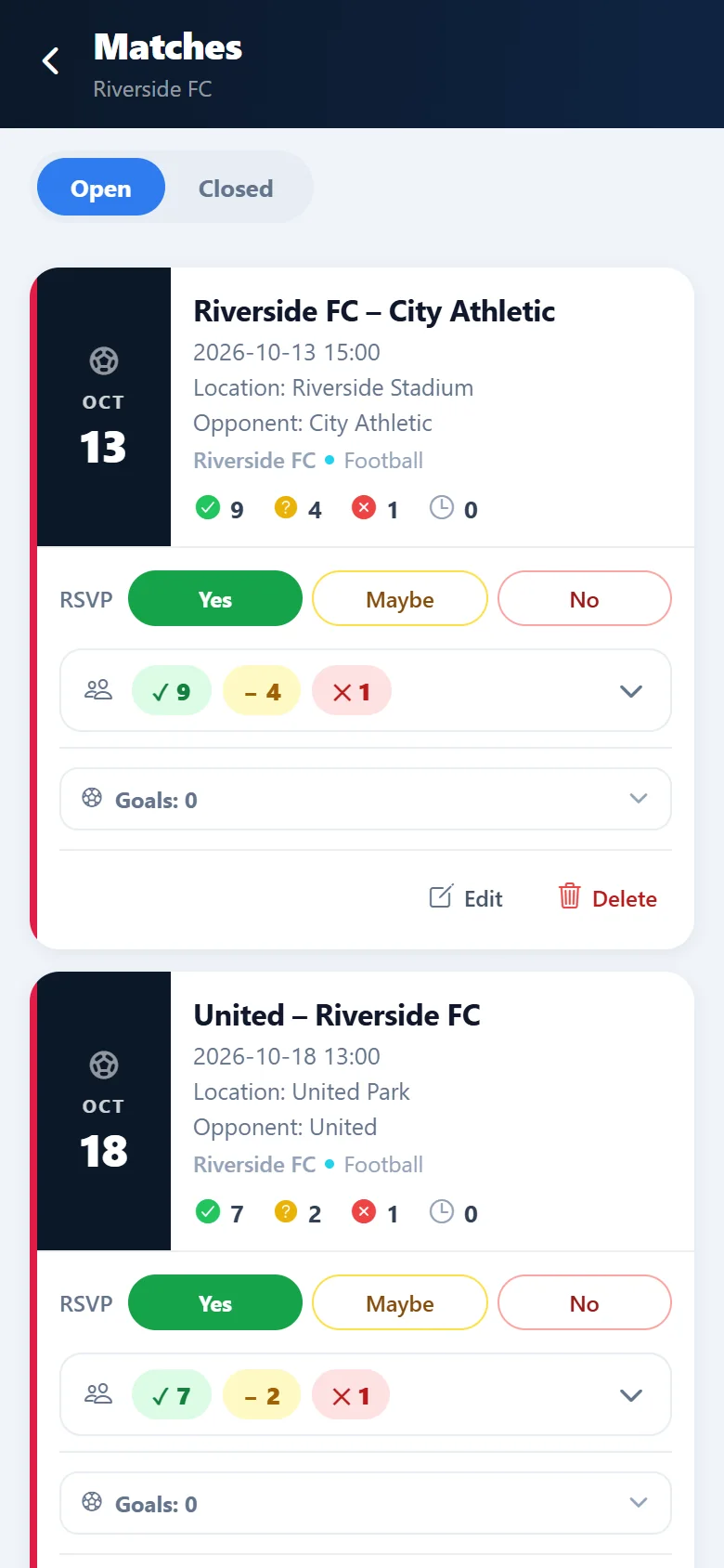 SquadSpace app – matches with RSVP