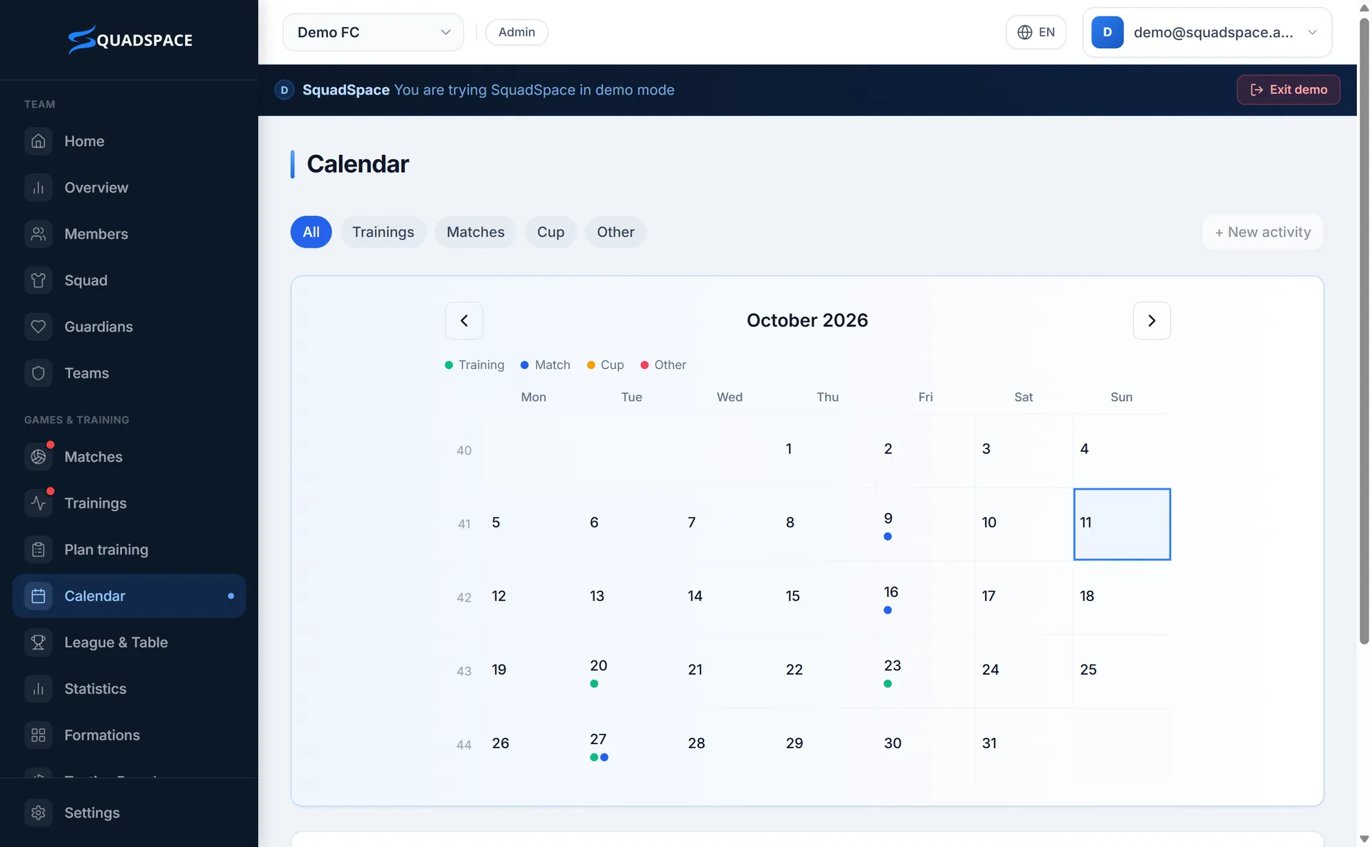 The calendar – trainings, matches and cups in one view.