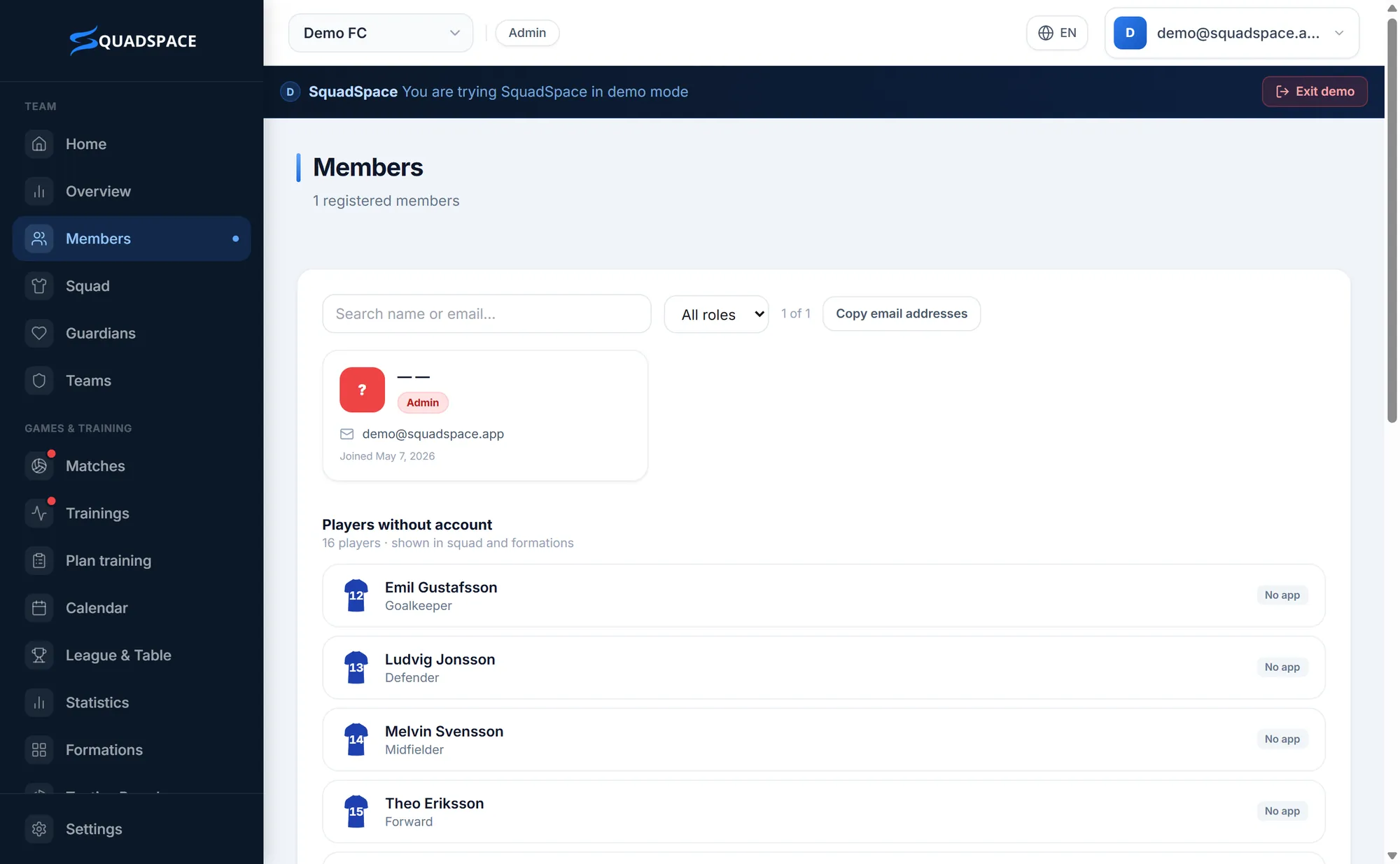 Members: everyone in the team – including players without an account.