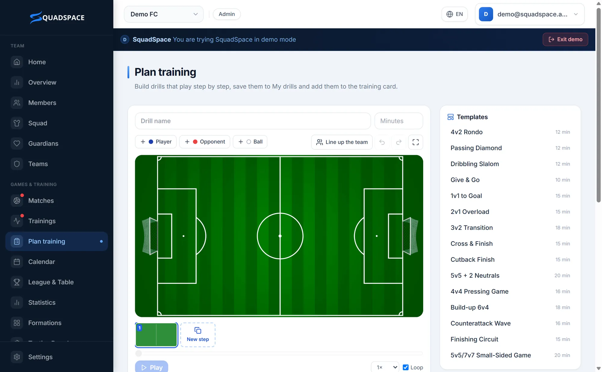 Plan training: build a drill step by step and play it back.