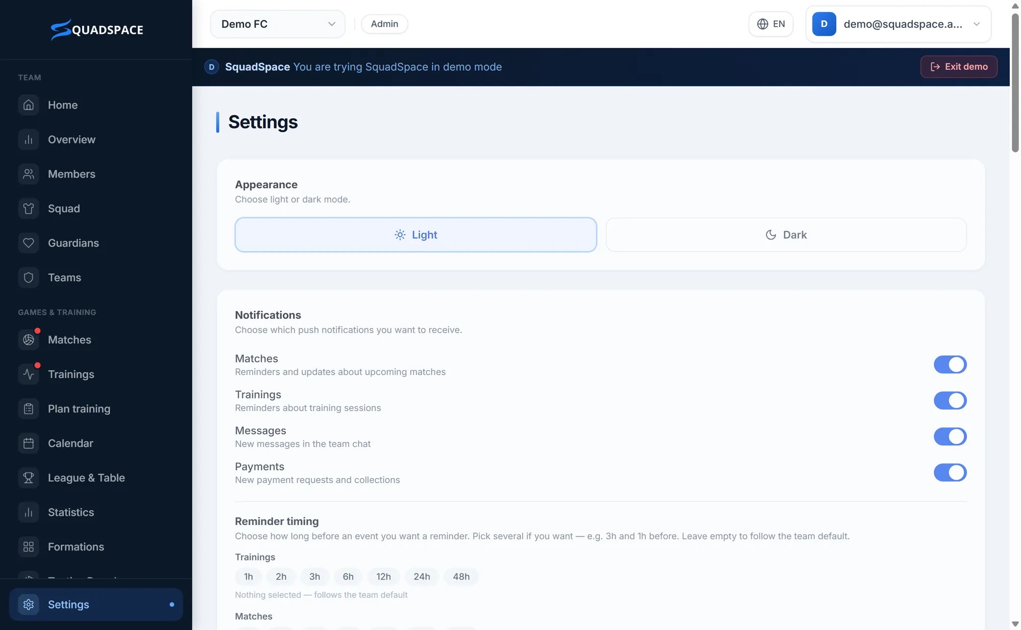 Settings: appearance, notifications, team colours and more.