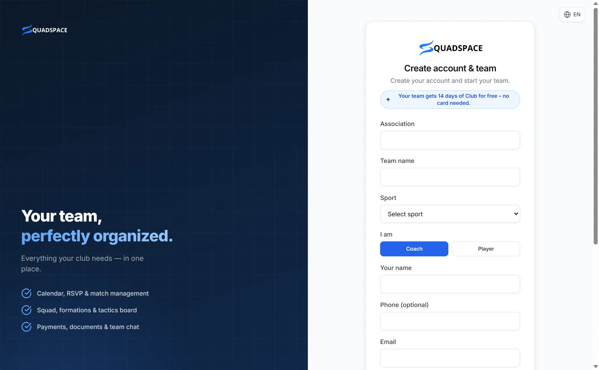 The sign-up form – club, team, sport and your details on one page.