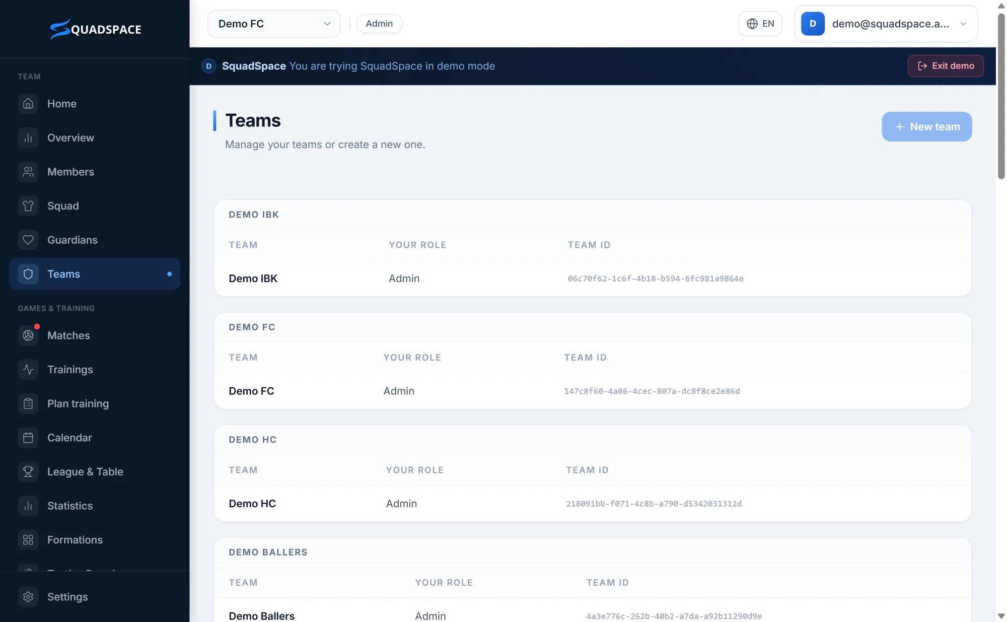 Teams: every team you manage, grouped by club.