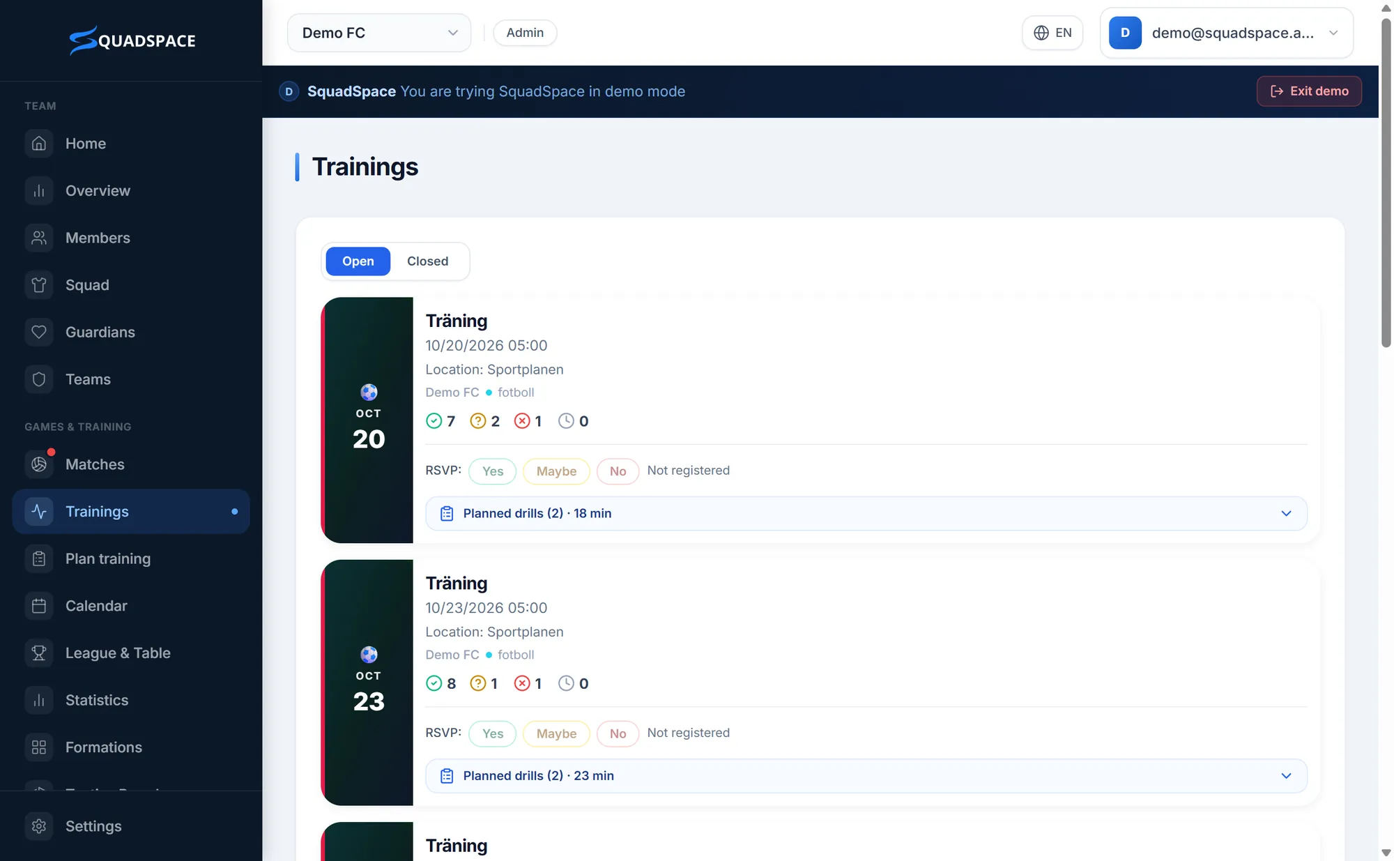 Every training shows who's coming – and the drills you've planned.