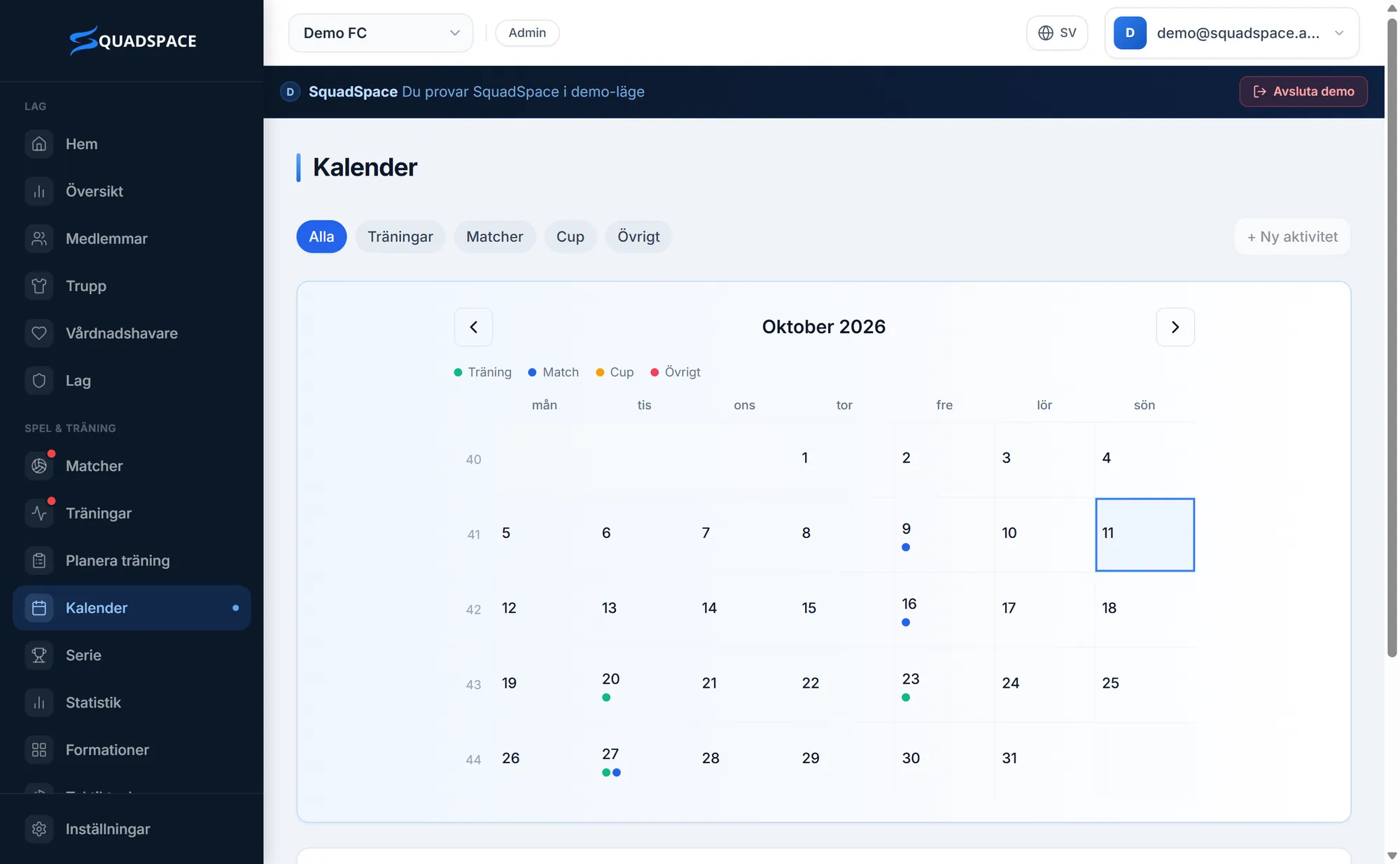 Kalendern – träningar, matcher och cuper i samma vy.