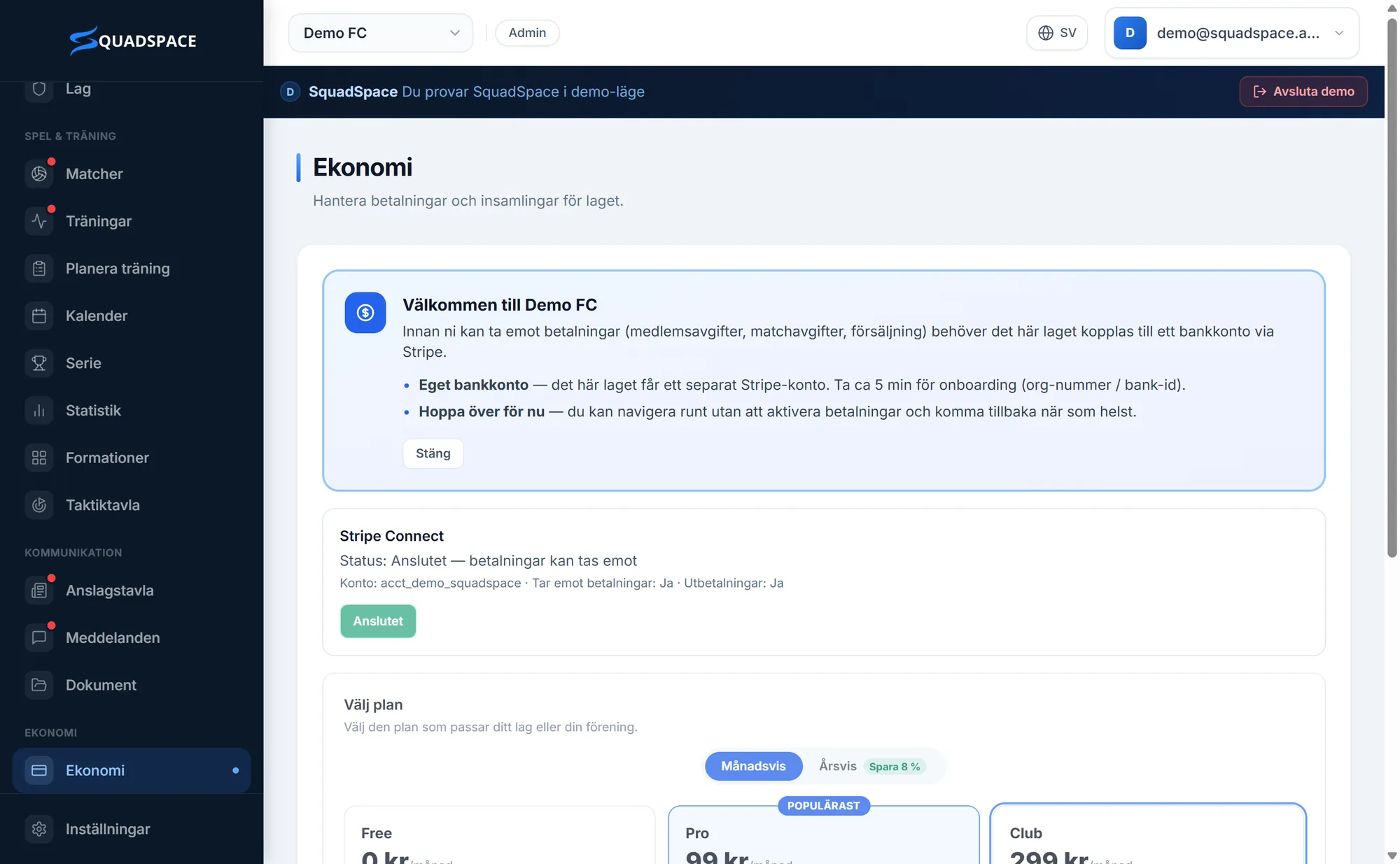 Ekonomi: Stripe-status och paket på ett ställe.