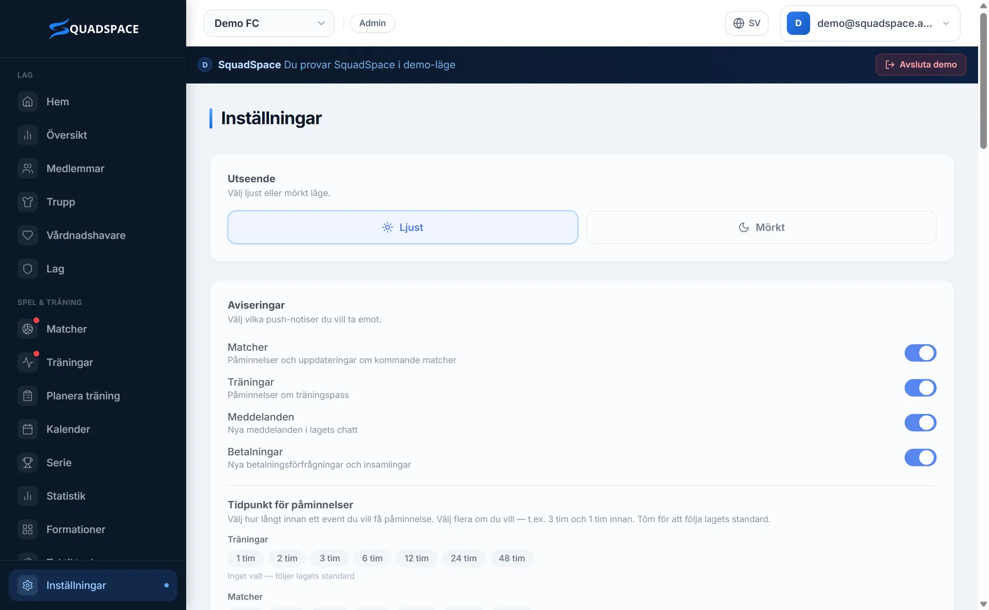 Inställningar: utseende, aviseringar, lagfärger och mer.