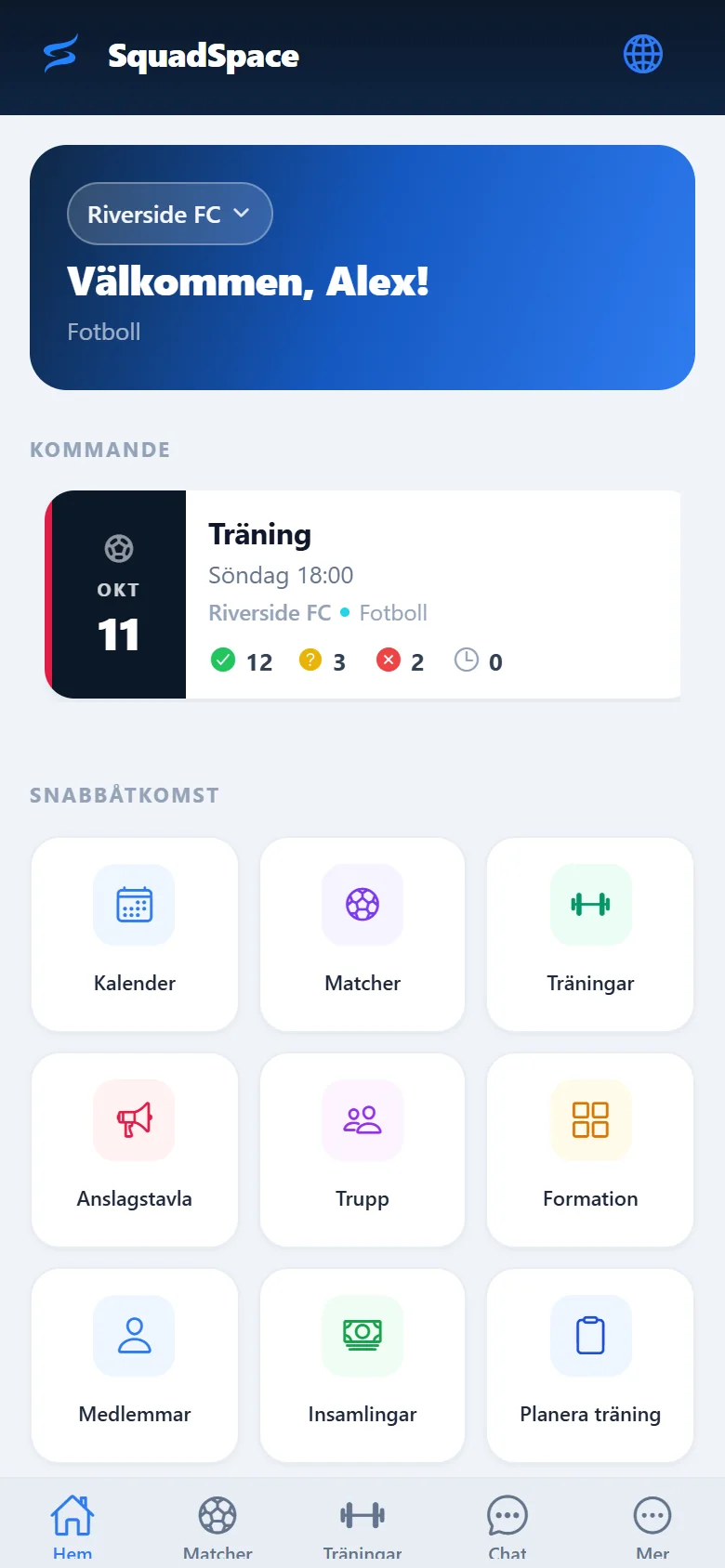 SquadSpace-appen – startsida